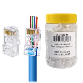 100 Piece - RJ45 Cat5 Cat5e Cat6  Pass-Through one-Piece Ethernet Network & Internet Connector RJ45 Plugs for IP Camera, CCTV and Security Installatio